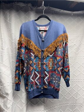 Vintage Young Stuff Southwestern Fringe Button Front Cardigan Sweatshirt